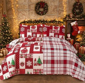 $44 Gnome Christmas Quilt Bedding - King Size, Red Plaid, Holiday Lightweight Reversible Quilt Bedspread