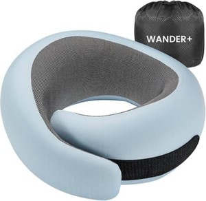 $40 WANDER Travel Neck Pillow, Pure Memory Foam Neck Pillow for Airplanes, Comfortable Breathable Cover, 360 Degree Support Ergonomic Design Best for Sleeping Plane Train Travel Essentials Max Sky Blue
