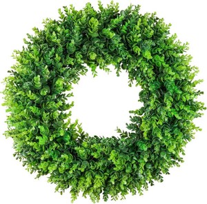 $55 Large Boxwood Wreath Front Door 24 Artificial Spring Wreaths for Front Door Farmhouse Wedding Green Year Round Indoor Outdoor for Summer Wreath st Patricks Day Decoration -(Hello Sign)