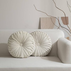 $40 HIG Set of 2 Beige Velvet Decorative Round Pleated Throw Pillows