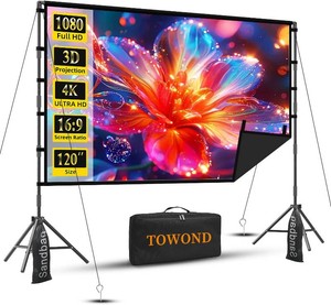 $90 Projector Screen with Stand, TOWOND 120 inch Portable Projector Screen Black Backing, Outdoor Movie Screen 169 4K HD Wrinkle-Free Projection Screen with Carry Bag for Backyard Sports Viewing Parties