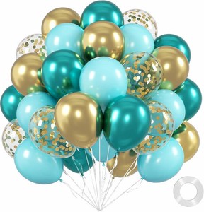 60pcs 12inch Teal Balloons with Metallic Green Gold Confetti Balloons