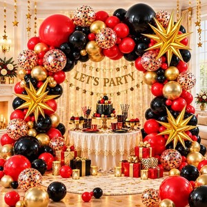 Red Gold Black Balloons Arch Kit Garland with Star Balloons