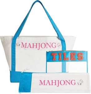3 Pcs Empty Mahjong Bag Sets for Tiles and Racks Mahjong Tote Bag with Embroidered for American Mahjong Storage Game Night Mahj Accessories(Blue)