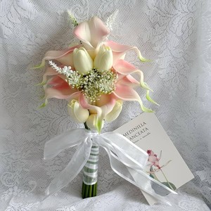 $35 Floral Bouquet 12 Artificial Calla Lilies with 8 Artificial Tulip Flowers, Bridesmaid Bouquet with Wedding Ceremony Festivals Anniversary Bridal Rehearsal Party Bar Table Decor(Cream and Pink)