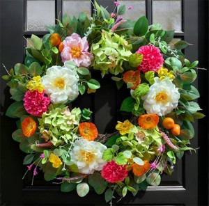 $60 24 Inch Spring Wreaths for Front Door- Outdoor Spring Summer Flower Wreath with Vibrant Peony Hydrangea Flower, Green Eucalyptus Leaves and Orange Berry- Ideal for Porch,Mantel,Home Wall