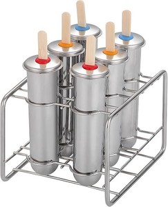 $28 Stainless Steel Popsicle Molds, Set of 6 Ice Cream Maker, Ice Pop Molds With Holder, Metal Reusable Homemade Popsicle Molds with Sticks and Bags (Round Cup, No Slot)