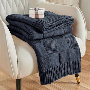 $45 Navy Blue Knitted Checkered Throw Blanket 60X80