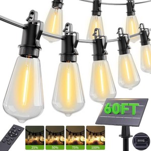 $24 60FT Solar String Lights Outdoor Waterproof with Remote,Shatterproof ST38 20 LED Bulbs,2700K Dimmable Solar Lights Outdoor,Outside Hanging Lights for Patio,Garden,Camping,Deck,Backyard Decor