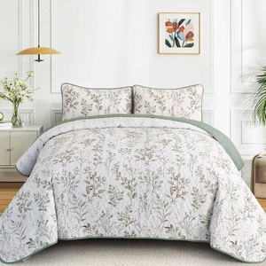 $36 Botanical Quilt Set Queen Size Sage Green Print Bedspreads