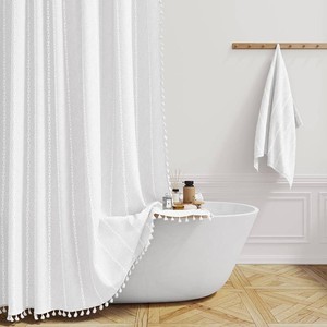 $36 72x84 Long Boho Farmhouse Linen Heavy Duty Shower Curtain Set, White