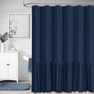 $33 Extra Long Linen Ruffle Farmhouse Shower Curtain, 72x96, Navy Blue