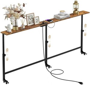 $60 70.9 Inch Narrow Behind Couch Table with Charging Station, Brown