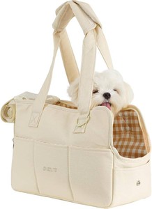 $43 ONECUTE Dog Purse Carrier for Small Dogs Rabbit cat with Large Pockets, Cotton Bag, Dog Carrier Soft Sided, Collapsible Travel Puppy Carrier (Beige, 13.6 L x 6.5 W x 10 H)