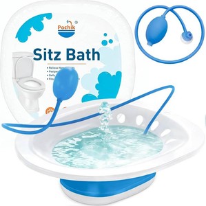 $23 Sitz Bath for Toilet Seat Hemorrhoids and Postpartum Care, Yoni Steam Seat, Perineal Soaking, Collapsible, Flusher Hose, Drain Holes, Wider Seating Area - Blue