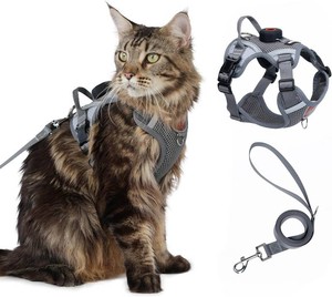 $20 Cat Harness and Leash Set with AirTag Holder Upgraded Escape Proof Vest with Lead for Small Dog Puppy Large Cat Walking Soft Breathable Mesh Coat with Reflective Strip (Grey, M)