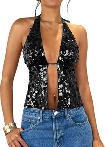 $34 SOLY HUX Womens Sparkly Sequin Halter Tops Y2k Crop Top Night Out Party Outfits Streetwear (Medium)