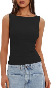 $20 Darong Womens Boat Neck Tank Top Sleeveless Double Lined Basic Tops Going Out Casual Tank Shirts