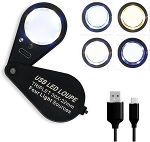 $23 Full Metal 30X Illuminated Jewelry Loop Magnifier with Four Lighting Modes, Pocket Folding Jewelers Eye Loupe 22mm Triplet Hand Lens Magnifying Glass for Gems Watches Coins Stamps Antiques (Black) (missing charging cable)