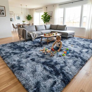 $28 Fluffy Blue Grey Rugs for Bedroom Living Room, 4x6 Feet Soft Plush Shaggy Tie-Dyed Navy Blue Gray Girls Boys Kids Rug, Upgraded Non-Slip and Machine Washable Carpet for Dorm Nursery Decor