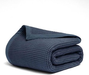 $48 GOTS Certified 60X80 Twin 100% Organic Cotton Waffle Blanket-Navy Blue