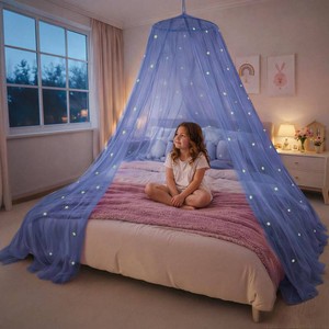 $30 Blue Canopy Bed, Blue Bed Canopy with Glow in The Dark Stars for Girls, Boys, Kids and Babies, Net Use to Cover The Baby, Kid, Girls Or Full Size Bed, Fire Retardant Fabric