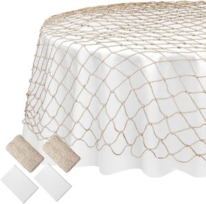 Irenare 4 Pack Fish Net Decorative and Tablecloth Set Party Decorations Cotton Fishnet and Round Table Cover Set for Ocean Nautical Pirate Mermaid Sea Fishing Themed Birthday Party (White)