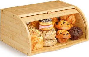 $25 Bamboo Bread Box for Kitchen Countertop, Large Wooden Food Keeper WRolling Lid, Vintage Storage Bin for Bagels, Muffins, Cupcakes & Cookies