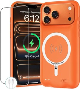 $49 Battery Case for iPhone 17 Pro Max, 12000mAh Protective Charging Case with Wireless Charging Compatible with iPhone 17 Pro Max (6.9 inch) Rechargeable Battery Pack Charger Cover with Carplay (Orange)