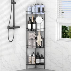 $25 HuggieGems 4 Tier Floor Standing Corner Shower Caddy Organizer Shelf with Hooks, Bathroom Shelves Stand Rack, Black