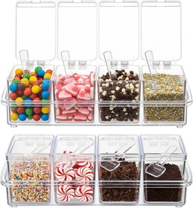 $23 8 Pcs Hot Cocoa Bar Supplies Clear Acrylic Sugar Bowls and Seasoning Spice Box with Cover and Spoon Cocoa Marshmallows Peppermints Chocolate Chips Storage Container for Hot Chocolate Bar