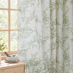 $36 Green Floral Linen Curtains Vintage Farmhouse 50Wx84L,2 Panels