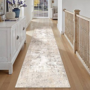 $50 26x12 Beige Grey Abstract Runner Rug