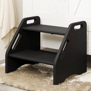 $42 Wooden Step Stool - Two-Step 300 lbs Capacity With Safety Non-Slip Pads and Handles, Bamboo for Bathroom, Kitchen, Dual Height for Adults (Black)