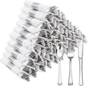 $27 50 Pack Pre Rolled Silver Plastic Silverware with Napkins