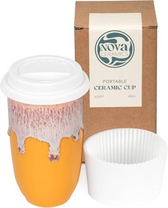 $35 NOVA CERAMICS Ceramic Tumbler Ceramic Travel Mug With Lid Microwave & Dishwasher Safe Coffee White & Orange Tumbler - Gifts For Women Men Him Her 16oz Grapefruit