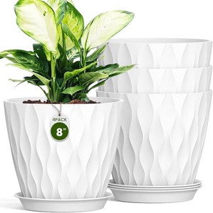 $24 8 Inch Plant Pots 4 Pack Plastic Planters with Drainage & Saucers (Missing one 8 Inch Plant PotMissing All Four Saucers)