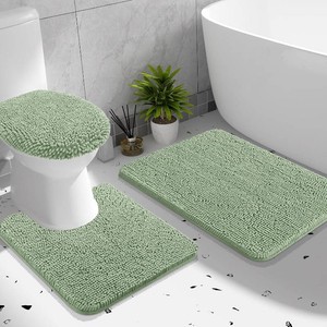 $50 OLANLY Chenille Bath Rugs Sets With Toilet Lid Cover, 3 Piece, Sage Green