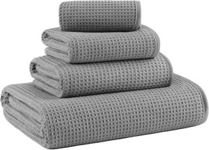 MICROFI Waffle Weave Bath Towel Set, Microfiber, 4 Pieces (BodyHairHandFace), Quick Dry, Lightweight, Super Absorbent, Lint Free, 380 GSM (Gray)
