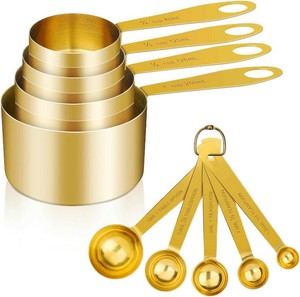 GuDoQi 9pcs 304 Stainless Steel Measuring Cups & Spoons, Stackable Long Handle Fits Narrow Jars, Golden Finish, Metric & US Measures for DryLiquid Ingredients, Rust-Proof for Baking & Cooking