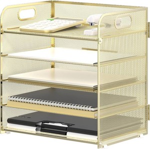$25 5 Trays Paper Organizer Letter Tray with Handle-Mesh Desk File Organizer, Paper Sorter Desk Organizer for Office, Home or School (Golden)