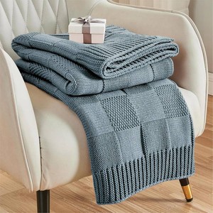 $34 Dusty Blue Knitted Checkered Throw Blanket 50X60