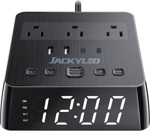 $43 JACKYLED Alarm Clock with 4 USB Chargers, Power Strip 3 Outlets, 1700J