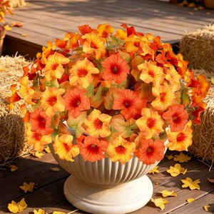 $20 Artificial Fall Flowers for Outdoors, Faux Petunias Autumn Decoration, Fake Flowers Plants UV Resistant Look Real Silk Flowers for Outside Planter Front Door Porch Patio Yard (6, Orange-Yellow)