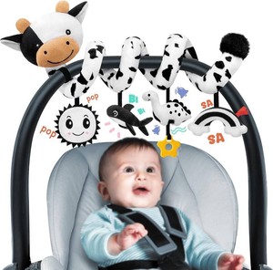 Spiral Car Seat Baby Toys 0-6 Months, Infant Carseat High Contrast Sensory Toys Hanging Stroller Accessories, Newborn Shower Gifts for Baby Boys Essentials Stuff, Cute Black and White Cow